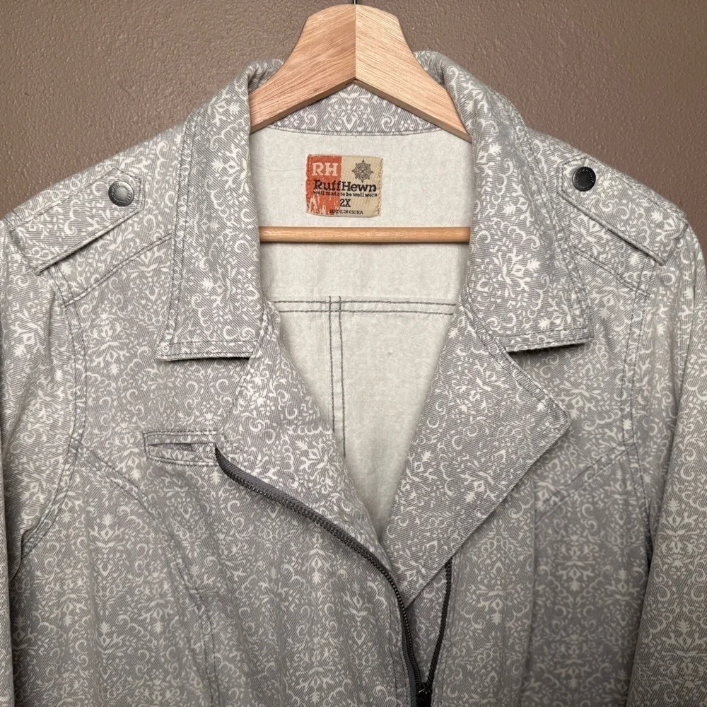 Ruff Hewn Gray & White Cotton Denim Moto Jacket Women's Plus Size 2X Streetwear - Picture 6 of 15